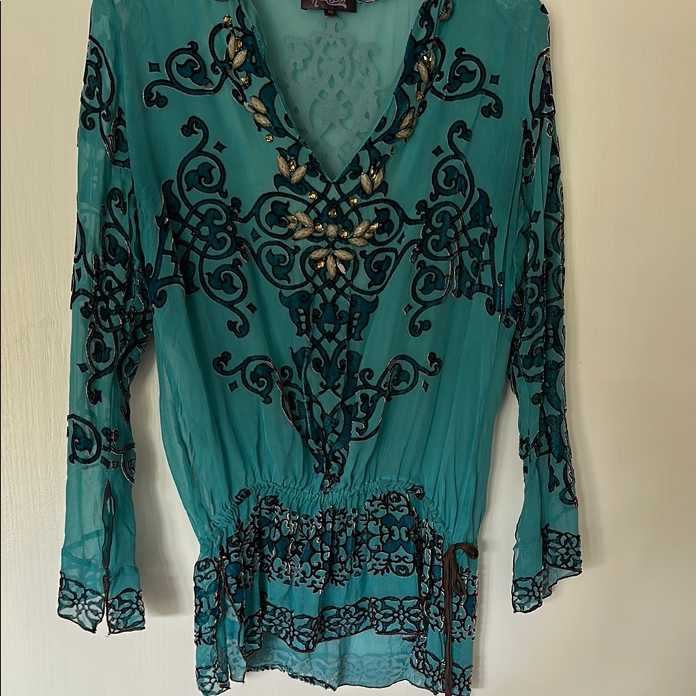 Elegant Teal Embroidered Women's Top